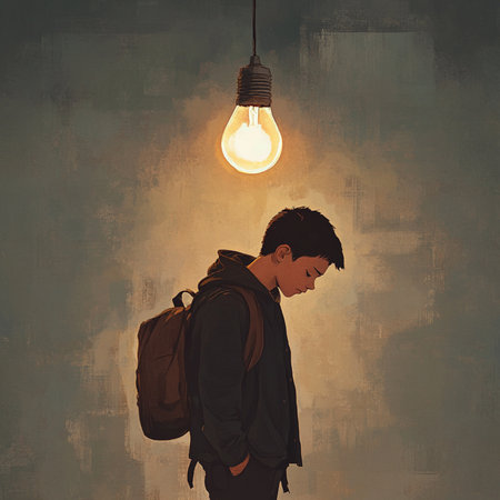 This AI-generated, semi-realistic illustration features a boy in a minimalist setting, gazing...