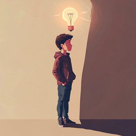 This AI-generated, semi-realistic illustration features a boy in a minimalist setting, gazing...