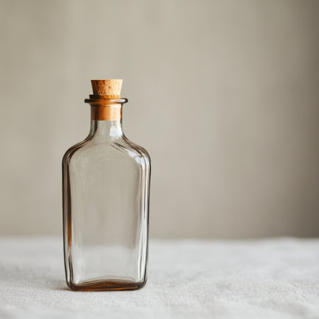 A minimalistic glass bottle standing on a smooth, softly blurred background with ample empty space for text or branding. Perfect for packaging design presentations, advertising mockups, or cosmetic and beverage product templates. This image conveys clarity, elegance, and modern simplicityの写真素材