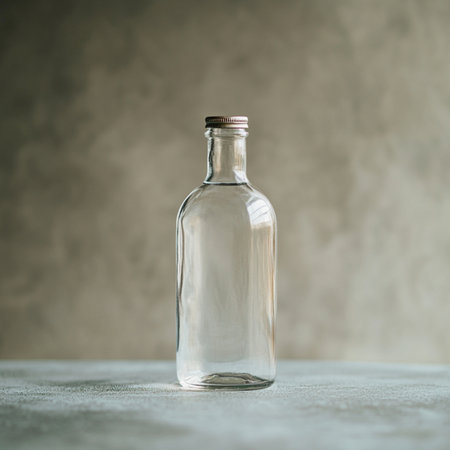 A minimalistic glass bottle standing on a smooth, softly blurred background with ample empty space for text or branding. Perfect for packaging design presentations, advertising mockups, or cosmetic and beverage product templates. This image conveys clarity, elegance, and modern simplicityの写真素材