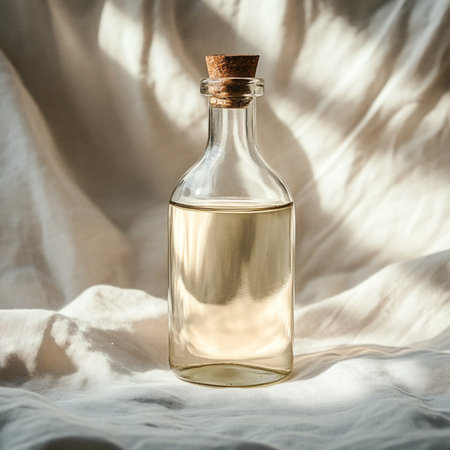 A minimalistic glass bottle standing on a smooth, softly blurred background with ample empty space...