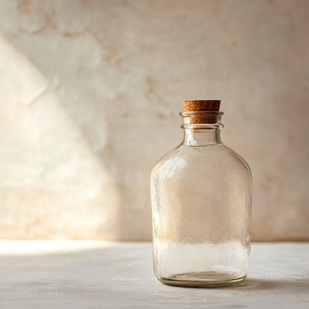 A minimalistic glass bottle standing on a smooth, softly blurred background with ample empty space for text or branding. Perfect for packaging design presentations, advertising mockups, or cosmetic and beverage product templates. This image conveys clarity, elegance, and modern simplicityの写真素材