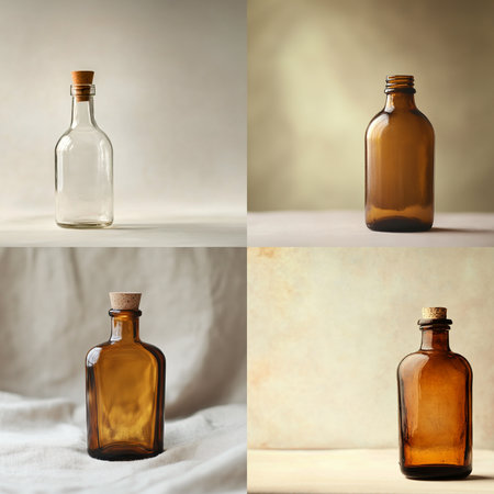 A minimalistic glass bottle standing on a smooth, softly blurred background with ample empty space for text or branding. Perfect for packaging design presentations, advertising mockups, or cosmetic and beverage product templates. This image conveys clarity, elegance, and modern simplicityの写真素材
