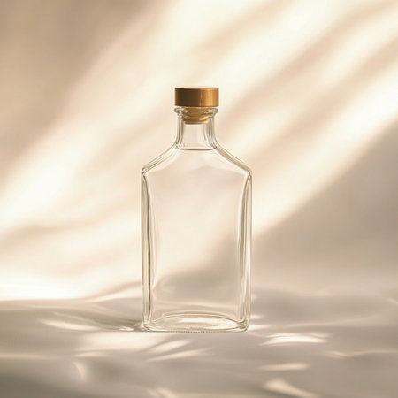 A minimalistic glass bottle standing on a smooth, softly blurred background with ample empty space for text or branding. Perfect for packaging design presentations, advertising mockups, or cosmetic and beverage product templates. This image conveys clarity, elegance, and modern simplicityの写真素材