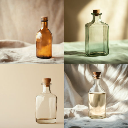 A minimalistic glass bottle standing on a smooth, softly blurred background with ample empty space for text or branding. Perfect for packaging design presentations, advertising mockups, or cosmetic and beverage product templates. This image conveys clarity, elegance, and modern simplicityの写真素材