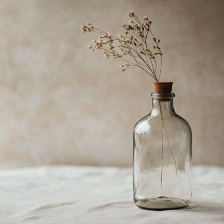 A minimalistic glass bottle standing on a smooth, softly blurred background with ample empty space for text or branding. Perfect for packaging design presentations, advertising mockups, or cosmetic and beverage product templates. This image conveys clarity, elegance, and modern simplicityの写真素材