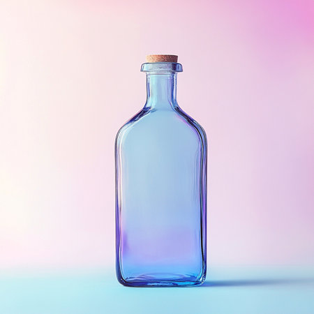 A minimalistic glass bottle standing on a smooth, softly blurred background with ample empty space for text or branding. Perfect for packaging design presentations, advertising mockups, or cosmetic and beverage product templates. This image conveys clarity, elegance, and modern simplicityの写真素材