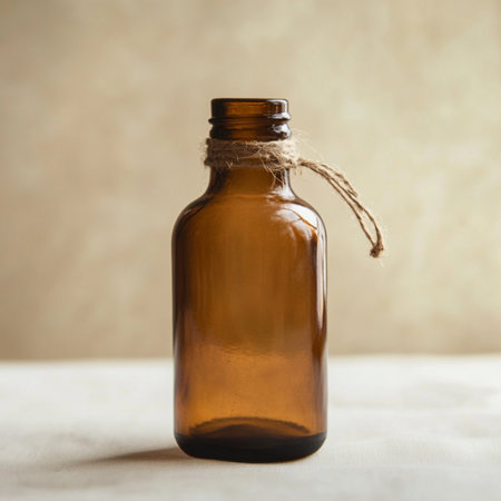 A minimalistic glass bottle standing on a smooth, softly blurred background with ample empty space for text or branding. Perfect for packaging design presentations, advertising mockups, or cosmetic and beverage product templates. This image conveys clarity, elegance, and modern simplicityの写真素材