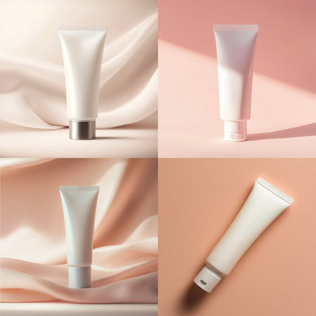 A cosmetic cream tube placed on a soft, delicate background with empty space for text or branding. Ideal for skincare product mockups, packaging presentations, or advertising design. This image represents clean beauty, minimal aesthetics, and a modern promotional styleの写真素材