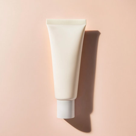 A cosmetic cream tube placed on a soft, delicate background with empty space for text or branding. Ideal for skincare product mockups, packaging presentations, or advertising design. This image represents clean beauty, minimal aesthetics, and a modern promotional styleの写真素材