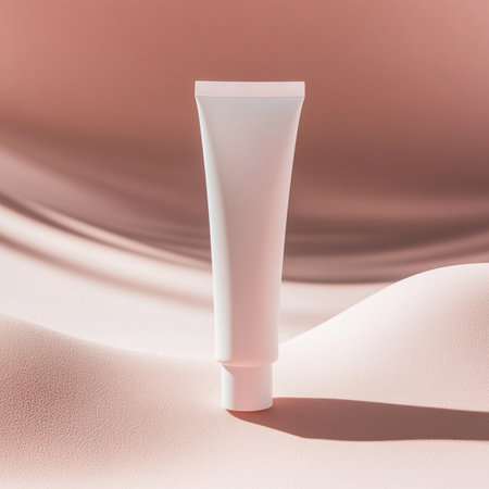 A cosmetic cream tube placed on a soft, delicate background with empty space for text or branding. Ideal for skincare product mockups, packaging presentations, or advertising design. This image represents clean beauty, minimal aesthetics, and a modern promotional styleの写真素材
