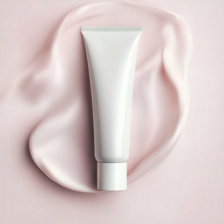 A cosmetic cream tube placed on a soft, delicate background with empty space for text or branding. Ideal for skincare product mockups, packaging presentations, or advertising design. This image represents clean beauty, minimal aesthetics, and a modern promotional styleの写真素材