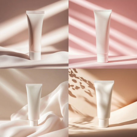 A cosmetic cream tube placed on a soft, delicate background with empty space for text or branding. Ideal for skincare product mockups, packaging presentations, or advertising design. This image represents clean beauty, minimal aesthetics, and a modern promotional styleの写真素材