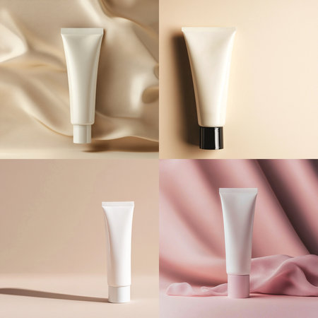 A cosmetic cream tube placed on a soft, delicate background with empty space for text or branding. Ideal for skincare product mockups, packaging presentations, or advertising design. This image represents clean beauty, minimal aesthetics, and a modern promotional styleの写真素材