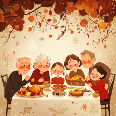Heartwarming cartoon illustration of a large family gathered around a festive dinner table, celebrating a special occasion together. The scene features grandparents, parents, and children sharing joy, laughter, and delicious homemade food in a cozy atmosphere with warm lighting. Perfect for themes related to family love, holidays, togetherness, Thanksgiving, and cheerful home moments. Ideal for greeting cards, educational materials, holiday campaigns, or editorial contentの写真素材