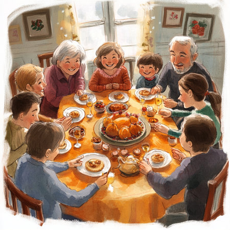 Heartwarming cartoon illustration of a large family gathered around a festive dinner table, celebrating a special occasion together. The scene features grandparents, parents, and children sharing joy, laughter, and delicious homemade food in a cozy atmosphere with warm lighting. Perfect for themes related to family love, holidays, togetherness, Thanksgiving, and cheerful home moments. Ideal for greeting cards, educational materials, holiday campaigns, or editorial contentの写真素材