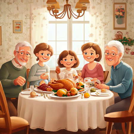 Heartwarming cartoon illustration of a large family gathered around a festive dinner table, celebrating a special occasion together. The scene features grandparents, parents, and children sharing joy, laughter, and delicious homemade food in a cozy atmosphere with warm lighting. Perfect for themes related to family love, holidays, togetherness, Thanksgiving, and cheerful home moments. Ideal for greeting cards, educational materials, holiday campaigns, or editorial contentの写真素材