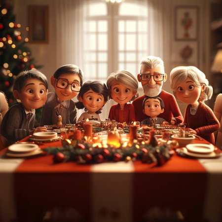 Heartwarming cartoon illustration of a large family gathered around a festive dinner table, celebrating a special occasion together. The scene features grandparents, parents, and children sharing joy, laughter, and delicious homemade food in a cozy atmosphere with warm lighting. Perfect for themes related to family love, holidays, togetherness, Thanksgiving, and cheerful home moments. Ideal for greeting cards, educational materials, holiday campaigns, or editorial contentの写真素材