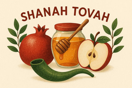 A beautiful and festive Rosh Hashanah greeting card designed for the Jewish New Year celebration. The illustration includes traditional symbols such as apples, honey, and pomegranates, representing sweetness and abundance. Perfect for digital or print use, this card features warm colors, Hebrew calligraphy, and a touch of modern minimalist style. Ideal for sending blessings of peace, health, and prosperity. A meaningful way to honor Jewish culture and traditionの写真素材