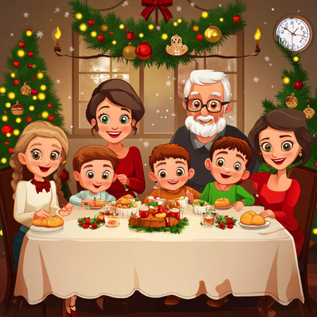 Heartwarming cartoon illustration of a large family gathered around a festive dinner table, celebrating a special occasion together. The scene features grandparents, parents, and children sharing joy, laughter, and delicious homemade food in a cozy atmosphere with warm lighting. Perfect for themes related to family love, holidays, togetherness, Thanksgiving, and cheerful home moments. Ideal for greeting cards, educational materials, holiday campaigns, or editorial contentの写真素材