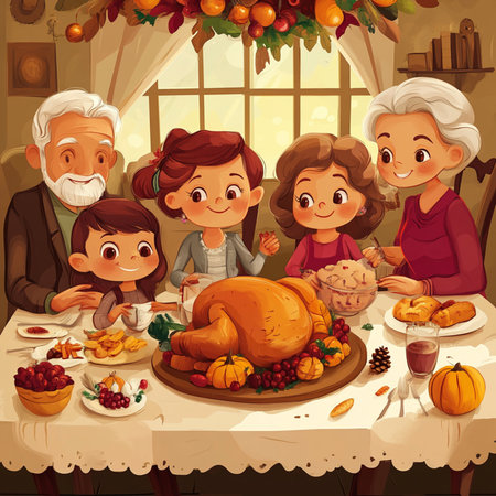 Heartwarming cartoon illustration of a large family gathered around a festive dinner table, celebrating a special occasion together. The scene features grandparents, parents, and children sharing joy, laughter, and delicious homemade food in a cozy atmosphere with warm lighting. Perfect for themes related to family love, holidays, togetherness, Thanksgiving, and cheerful home moments. Ideal for greeting cards, educational materials, holiday campaigns, or editorial contentの写真素材