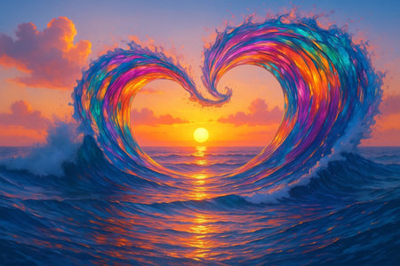 A surreal and colorful AI-generated image of an ocean wave forming a heart shape at sunset. This vibrant seascape blends fantasy and romance, perfect for use in romantic themes, summer concepts, travel posters, or decorative digital artwork. The vivid colors and dreamlike atmosphere make it an eye-catching design for creative projects and visual storytellingの写真素材