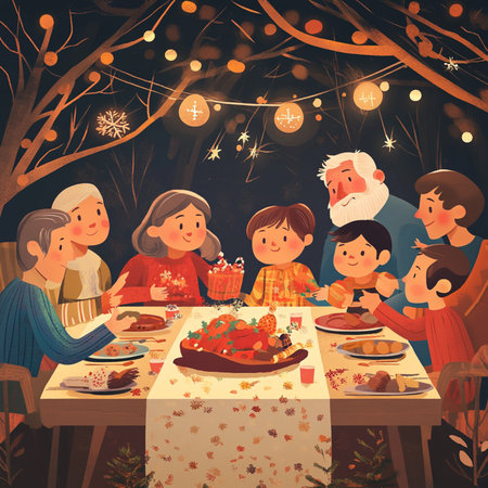 Heartwarming cartoon illustration of a large family gathered around a festive dinner table, celebrating a special occasion together. The scene features grandparents, parents, and children sharing joy, laughter, and delicious homemade food in a cozy atmosphere with warm lighting. Perfect for themes related to family love, holidays, togetherness, Thanksgiving, and cheerful home moments. Ideal for greeting cards, educational materials, holiday campaigns, or editorial contentの写真素材