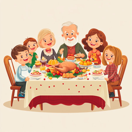 Heartwarming cartoon illustration of a large family gathered around a festive dinner table, celebrating a special occasion together. The scene features grandparents, parents, and children sharing joy, laughter, and delicious homemade food in a cozy atmosphere with warm lighting. Perfect for themes related to family love, holidays, togetherness, Thanksgiving, and cheerful home moments. Ideal for greeting cards, educational materials, holiday campaigns, or editorial contentの写真素材