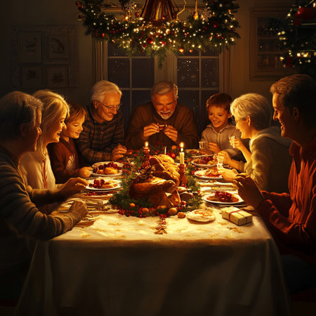 Heartwarming cartoon illustration of a large family gathered around a festive dinner table, celebrating a special occasion together. The scene features grandparents, parents, and children sharing joy, laughter, and delicious homemade food in a cozy atmosphere with warm lighting. Perfect for themes related to family love, holidays, togetherness, Thanksgiving, and cheerful home moments. Ideal for greeting cards, educational materials, holiday campaigns, or editorial contentの写真素材