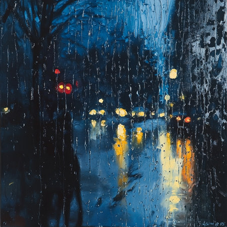 Atmospheric image capturing people walking under the rain, with visible falling raindrops and wet...
