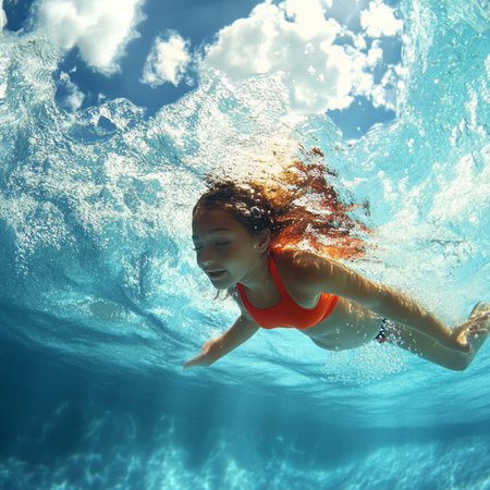 Vibrant image of children engaging with waterâsplashing, running, and laughing during playful moments outdoors. Perfect for representing summer fun, childhood freedom, and carefree joy. Suitable for advertising, editorial use, parenting content, seasonal campaigns, or water-related promotions. The scene evokes freshness, energy, and natural happiness through childlike interaction with water elementsの写真素材