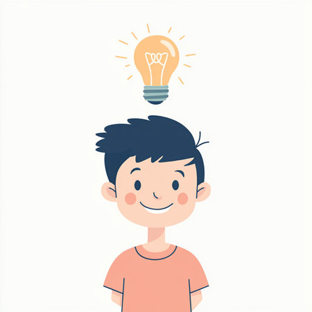 illustration of a smiling cartoon boy with a glowing lightbulb above his head, symbolizing a bright idea or creative thinking. This minimalistic and colorful flat-style image is ideal for educational content, presentations, children's books, innovation concepts, or learning platformsの写真素材