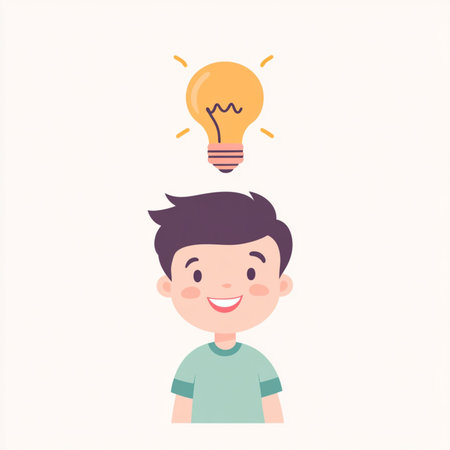 illustration of a smiling cartoon boy with a glowing lightbulb above his head, symbolizing a bright idea or creative thinking. This minimalistic and colorful flat-style image is ideal for educational content, presentations, children's books, innovation concepts, or learning platformsの写真素材