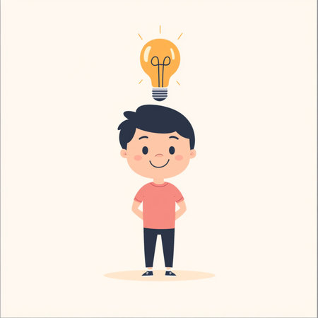 illustration of a smiling cartoon boy with a glowing lightbulb above his head, symbolizing a bright idea or creative thinking. This minimalistic and colorful flat-style image is ideal for educational content, presentations, children's books, innovation concepts, or learning platformsの写真素材