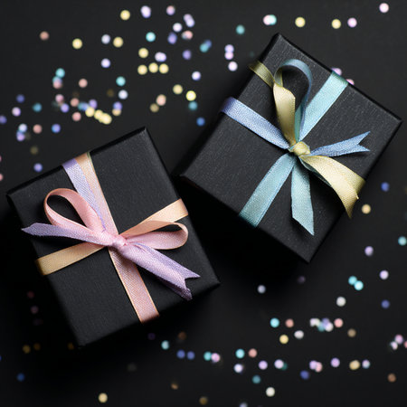 Stylish festive composition featuring black gift boxes adorned with pastel-colored ribbons and scattered confetti on a dark background. This modern, minimalist setup conveys luxury, sophistication, and celebrationâperfect for use in marketing materials, greeting cards, holiday promotions, online ads, and elegant social media visuals. Ideal for occasions such as birthdays, weddings, anniversaries, and corporate eventsの写真素材