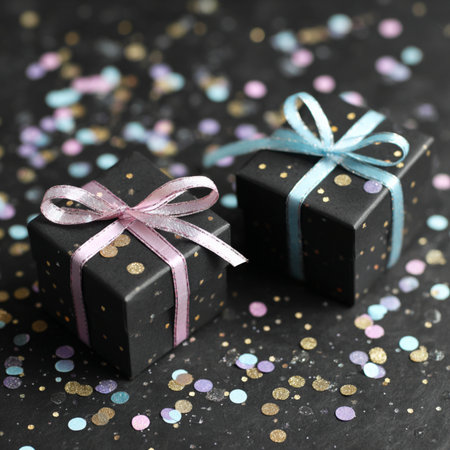 Stylish festive composition featuring black gift boxes adorned with pastel-colored ribbons and scattered confetti on a dark background. This modern, minimalist setup conveys luxury, sophistication, and celebrationâperfect for use in marketing materials, greeting cards, holiday promotions, online ads, and elegant social media visuals. Ideal for occasions such as birthdays, weddings, anniversaries, and corporate eventsの写真素材