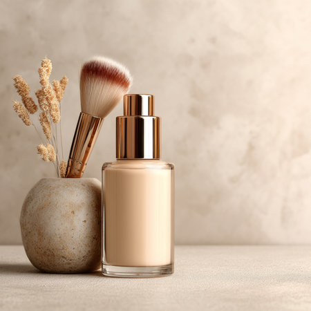 Minimalist cosmetic bottle and soft makeup brush displayed on a soothing, neutral background with delicate accents. Perfect for beauty, skincare, and self-care product promotion. The soft color palette and clean composition convey a sense of calm, elegance, and purity, ideal for luxury wellness branding or product mockupsの写真素材
