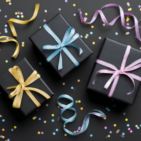 Stylish festive composition featuring black gift boxes adorned with pastel-colored ribbons and scattered confetti on a dark background. This modern, minimalist setup conveys luxury, sophistication, and celebrationâperfect for use in marketing materials, greeting cards, holiday promotions, online ads, and elegant social media visuals. Ideal for occasions such as birthdays, weddings, anniversaries, and corporate eventsの写真素材