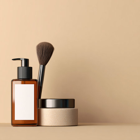 Minimalist cosmetic bottle and soft makeup brush displayed on a soothing, neutral background with delicate accents. Perfect for beauty, skincare, and self-care product promotion. The soft color palette and clean composition convey a sense of calm, elegance, and purity, ideal for luxury wellness branding or product mockupsの写真素材