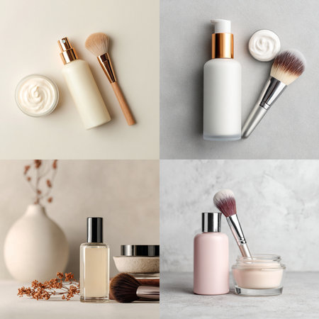 Minimalist cosmetic bottle and soft makeup brush displayed on a soothing, neutral background with delicate accents. Perfect for beauty, skincare, and self-care product promotion. The soft color palette and clean composition convey a sense of calm, elegance, and purity, ideal for luxury wellness branding or product mockupsの写真素材