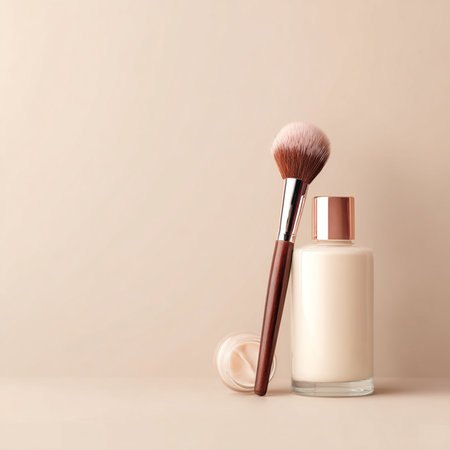 Minimalist cosmetic bottle and soft makeup brush displayed on a soothing, neutral background with delicate accents. Perfect for beauty, skincare, and self-care product promotion. The soft color palette and clean composition convey a sense of calm, elegance, and purity, ideal for luxury wellness branding or product mockupsの写真素材