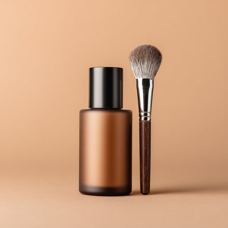 Minimalist cosmetic bottle and soft makeup brush displayed on a soothing, neutral background with delicate accents. Perfect for beauty, skincare, and self-care product promotion. The soft color palette and clean composition convey a sense of calm, elegance, and purity, ideal for luxury wellness branding or product mockupsの写真素材