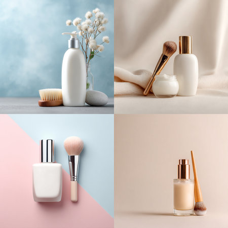 Minimalist cosmetic bottle and soft makeup brush displayed on a soothing, neutral background with delicate accents. Perfect for beauty, skincare, and self-care product promotion. The soft color palette and clean composition convey a sense of calm, elegance, and purity, ideal for luxury wellness branding or product mockupsの写真素材