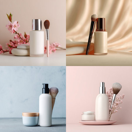 Minimalist cosmetic bottle and soft makeup brush displayed on a soothing, neutral background with delicate accents. Perfect for beauty, skincare, and self-care product promotion. The soft color palette and clean composition convey a sense of calm, elegance, and purity, ideal for luxury wellness branding or product mockupsの写真素材