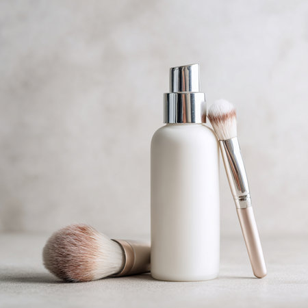 Minimalist cosmetic bottle and soft makeup brush displayed on a soothing, neutral background with delicate accents. Perfect for beauty, skincare, and self-care product promotion. The soft color palette and clean composition convey a sense of calm, elegance, and purity, ideal for luxury wellness branding or product mockupsの写真素材