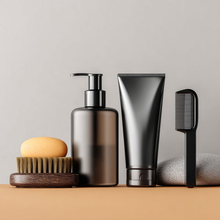 A flat stylish lay of men's grooming and skincare products arranged on a soft, neutral background....