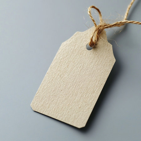 Blank price tag on gray background, closeup. Space for text