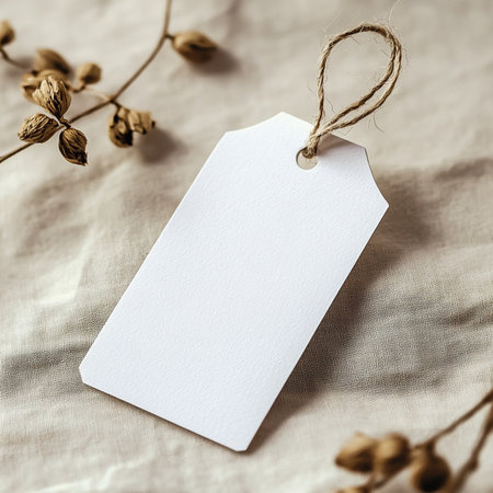 Blank price tag on linen background with dry flowers. Mockup for design