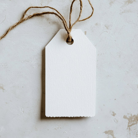 Blank price tag on white textured background, top view.