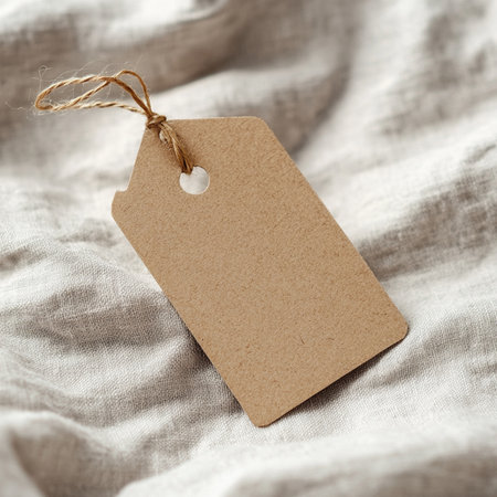 Minimalist paper tag mockup with natural fiber twine placed on a soft linen background. The scene...